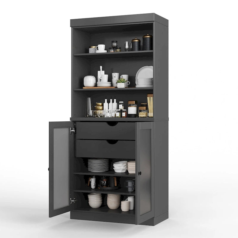 100% Solid Wood Pantry Cabinet with Frosted Glass Doors, 2 Drawers and Adjustable Shelves - 32 x 71.5