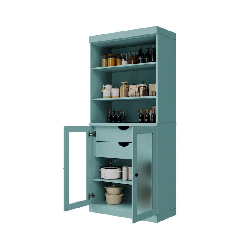 100% Solid Wood Pantry Cabinet with Frosted Glass Doors, 2 Drawers and Adjustable Shelves - 32 x 71.5