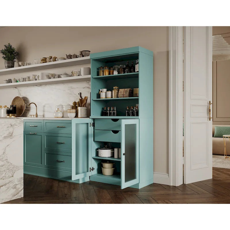 100% Solid Wood Pantry Cabinet with Frosted Glass Doors, 2 Drawers and Adjustable Shelves - 32 x 71.5