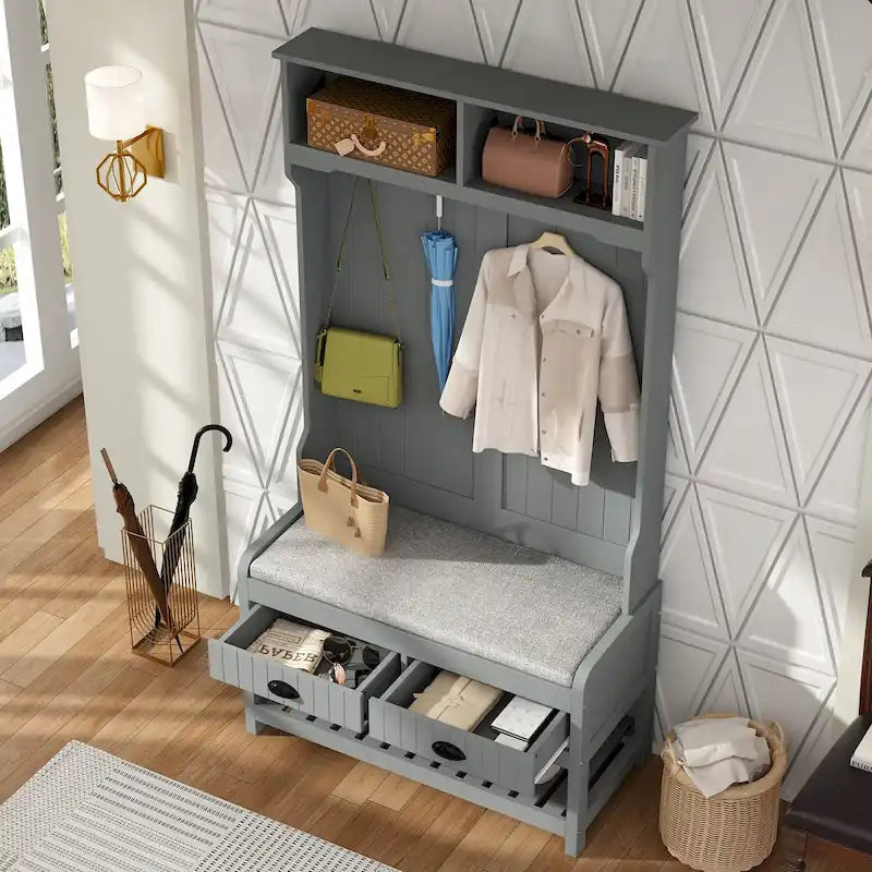 Hall Tree with Bench, Shoe Storage and Cushion