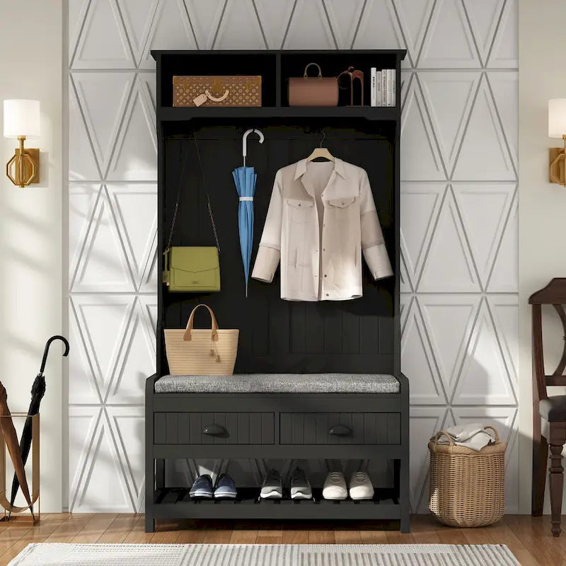 Hall Tree with Bench, Shoe Storage and Cushion