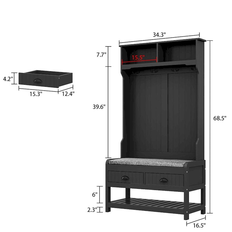 Hall Tree with Bench, Shoe Storage and Cushion