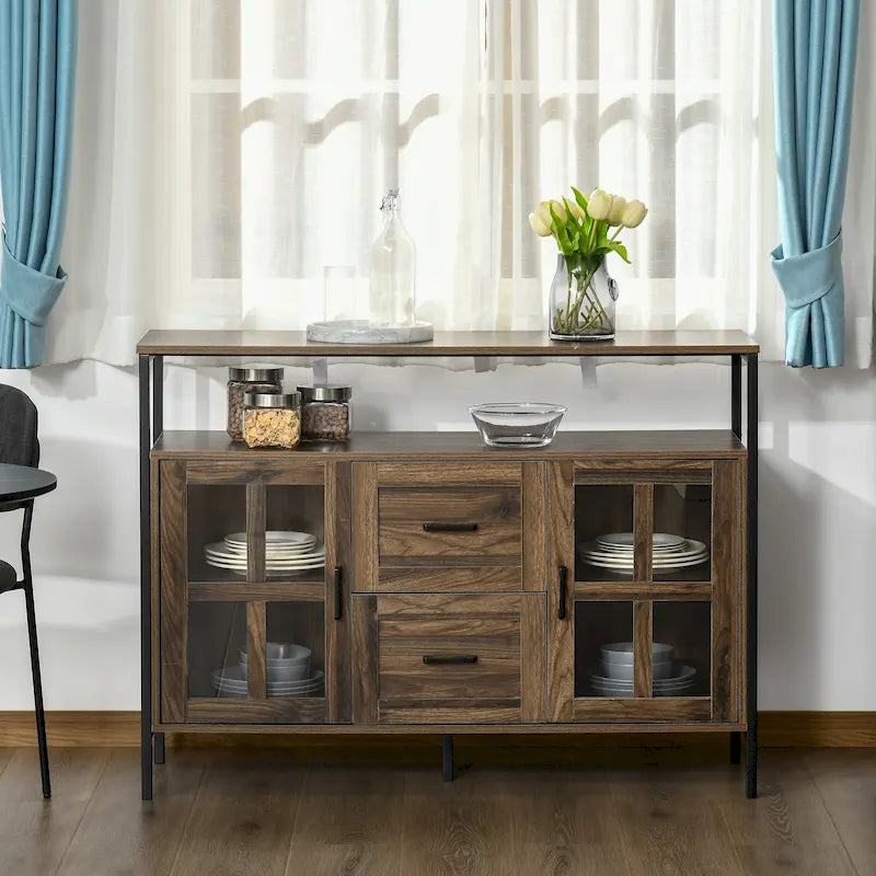 Rustic Kitchen Sideboard Buffet Cabinet with Adjustable Shelves, Glass Doors, and 2 Drawers
