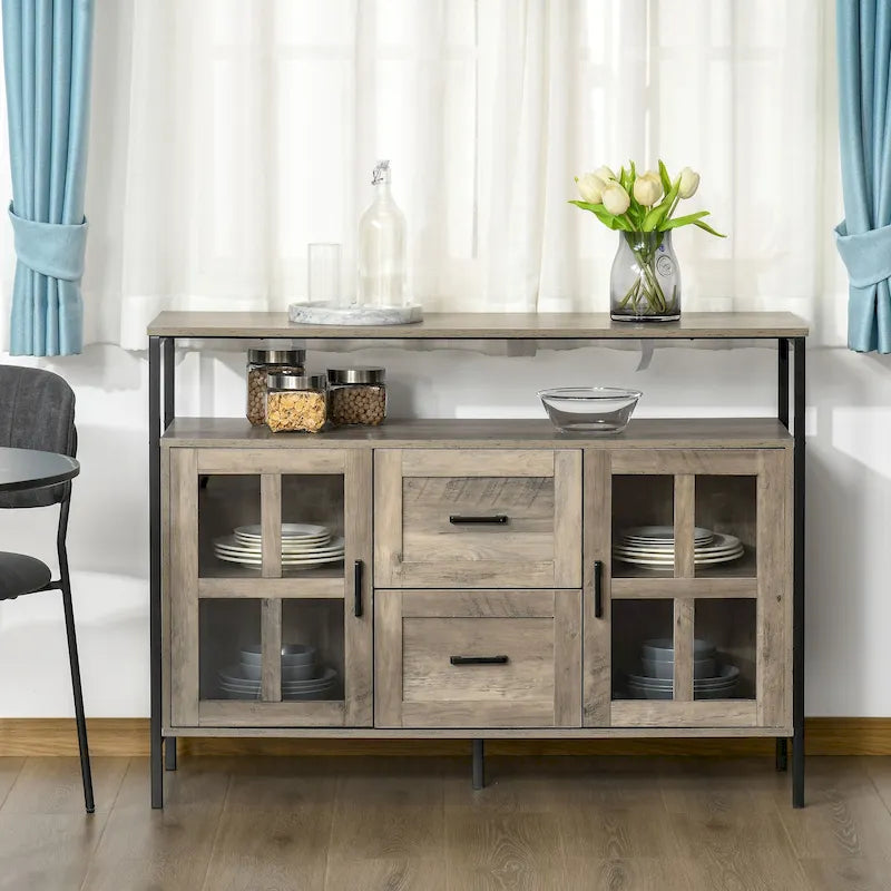 Buffet de cuisine rustique avec étagères réglables, portes en verre et 2 tiroirs