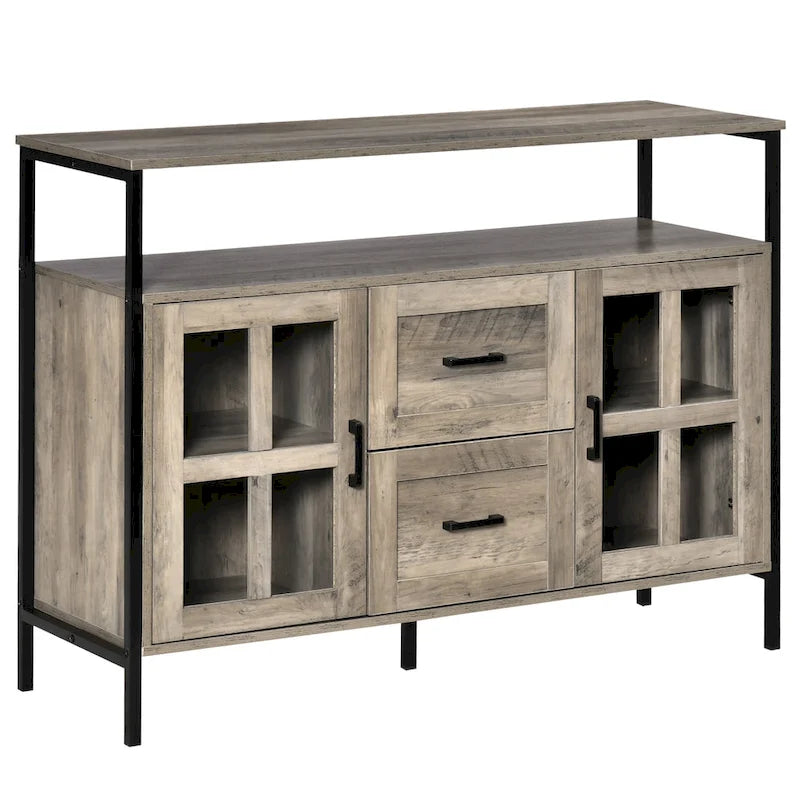 Rustic Kitchen Sideboard Buffet Cabinet with Adjustable Shelves, Glass Doors, and 2 Drawers