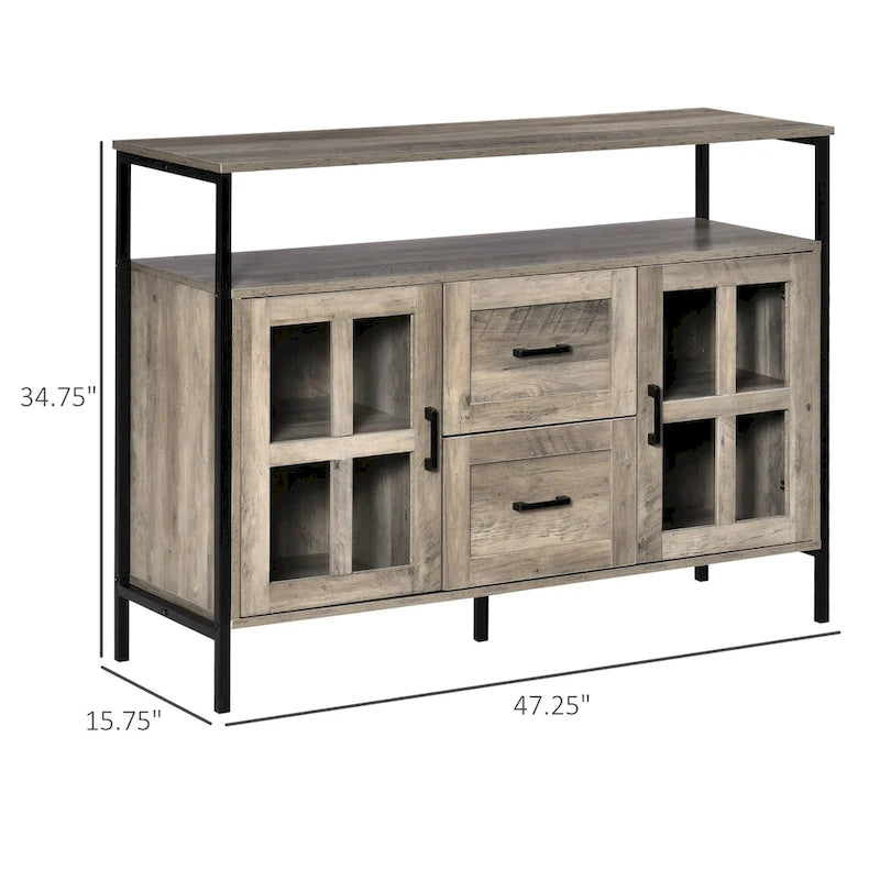 Rustic Kitchen Sideboard Buffet Cabinet with Adjustable Shelves, Glass Doors, and 2 Drawers