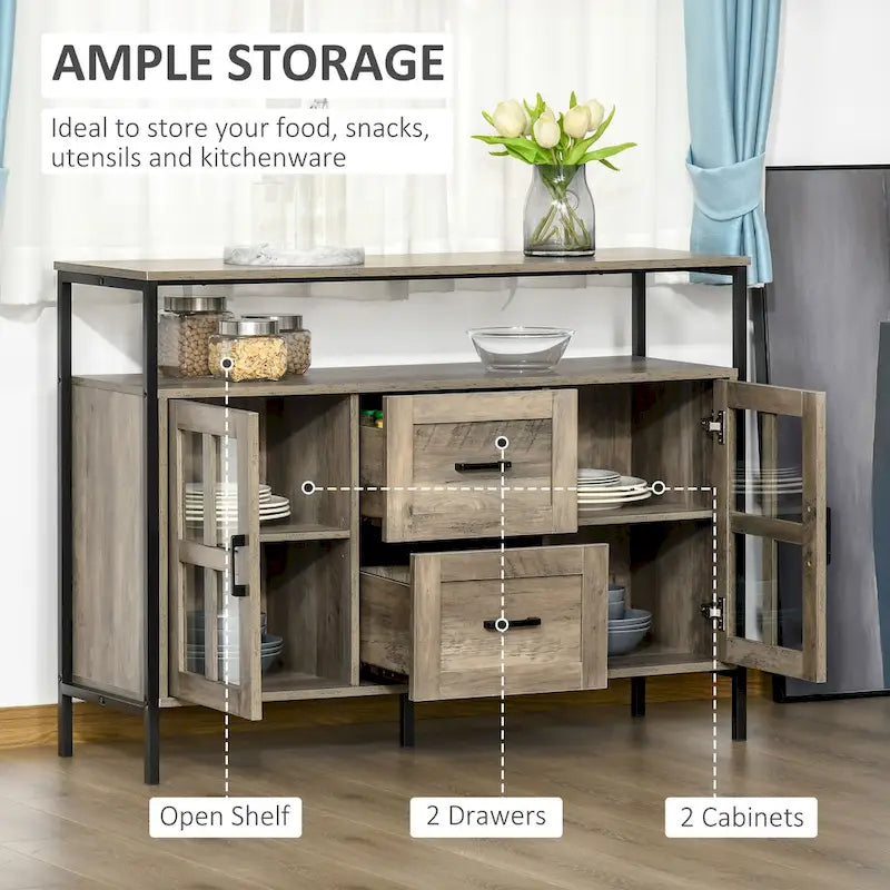 Rustic Kitchen Sideboard Buffet Cabinet with Adjustable Shelves, Glass Doors, and 2 Drawers