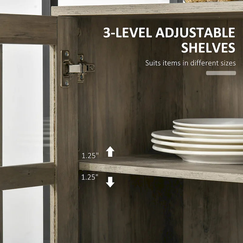 Rustic Kitchen Sideboard Buffet Cabinet with Adjustable Shelves, Glass Doors, and 2 Drawers