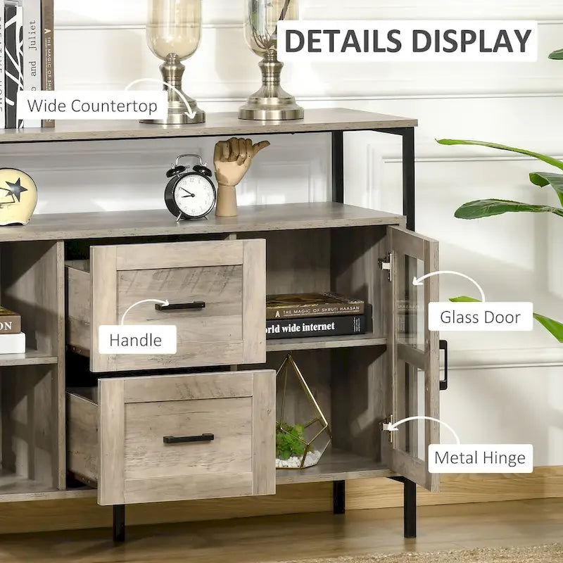 Rustic Kitchen Sideboard Buffet Cabinet with Adjustable Shelves, Glass Doors, and 2 Drawers