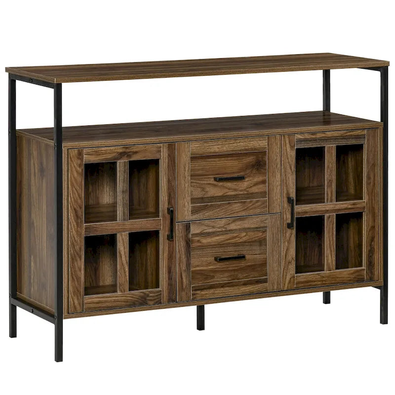 Rustic Kitchen Sideboard Buffet Cabinet with Adjustable Shelves, Glass Doors, and 2 Drawers