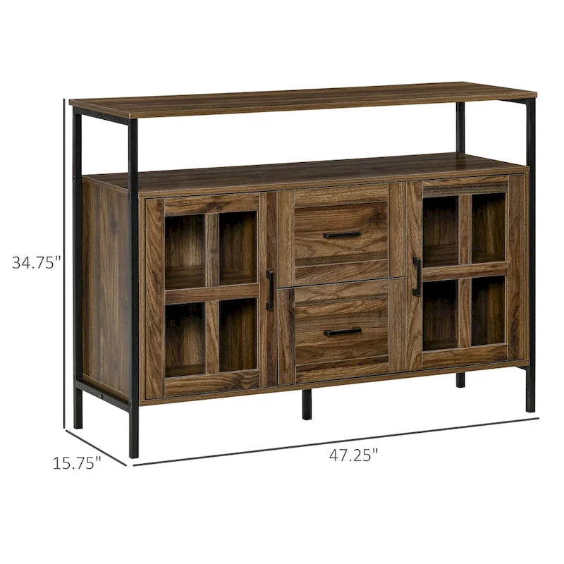 Rustic Kitchen Sideboard Buffet Cabinet with Adjustable Shelves, Glass Doors, and 2 Drawers