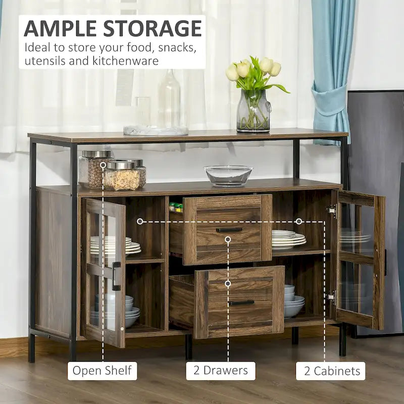Rustic Kitchen Sideboard Buffet Cabinet with Adjustable Shelves, Glass Doors, and 2 Drawers