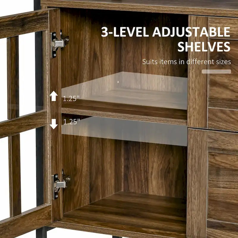 Rustic Kitchen Sideboard Buffet Cabinet with Adjustable Shelves, Glass Doors, and 2 Drawers