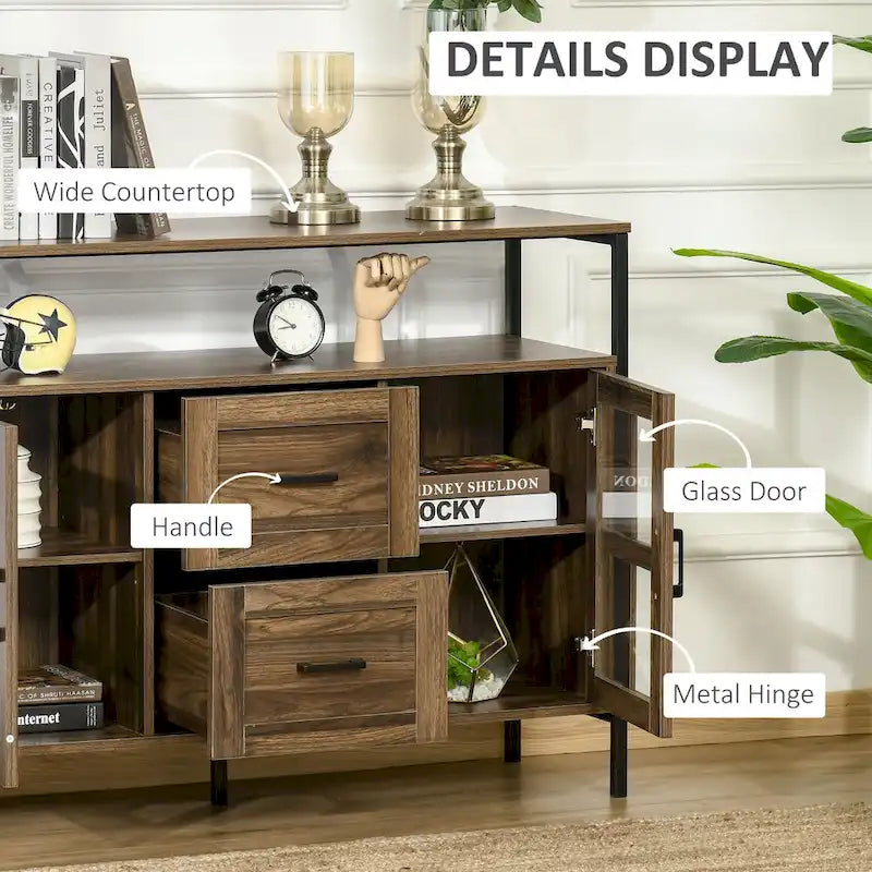Rustic Kitchen Sideboard Buffet Cabinet with Adjustable Shelves, Glass Doors, and 2 Drawers