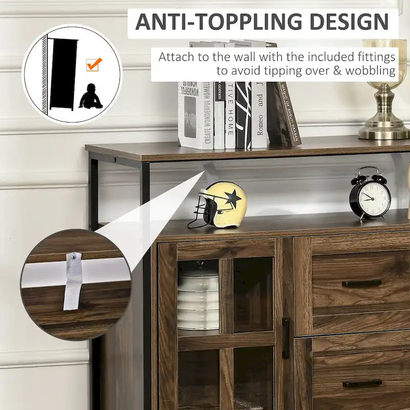 Rustic Kitchen Sideboard Buffet Cabinet with Adjustable Shelves, Glass Doors, and 2 Drawers