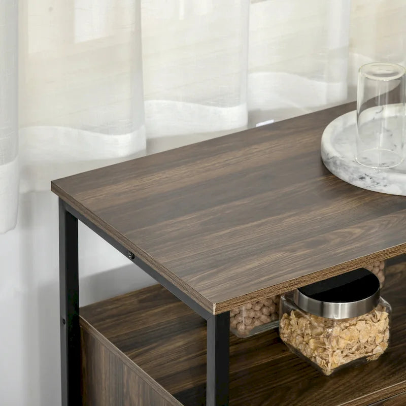 Rustic Kitchen Sideboard Buffet Cabinet with Adjustable Shelves, Glass Doors, and 2 Drawers