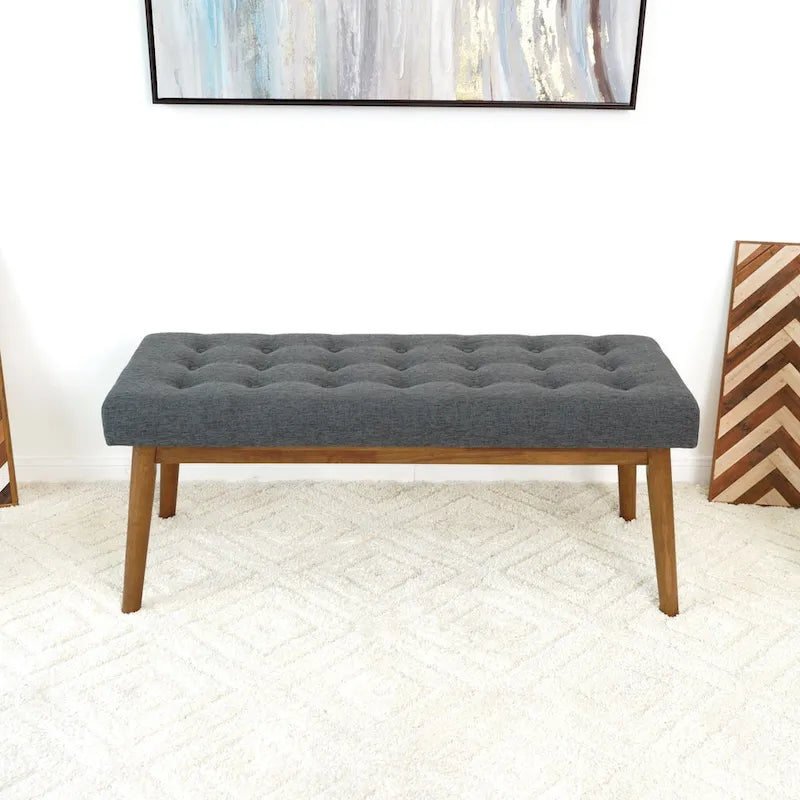 Mid-Century Modern Fabric Upholstered Bench in Dark Grey