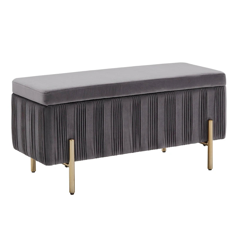 Grey Pleated Velvet Lift-Top Storage Bench