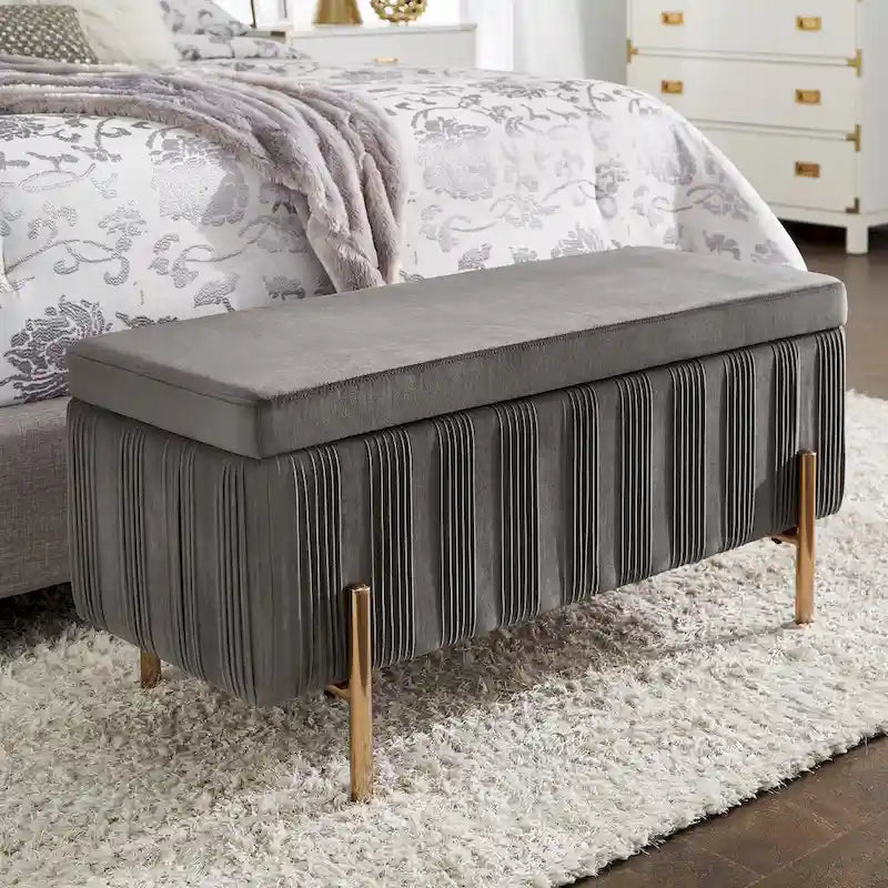 Grey Pleated Velvet Lift-Top Storage Bench