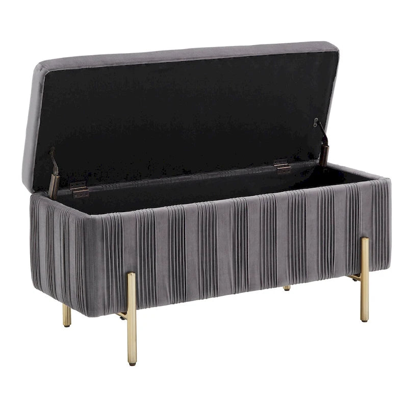 Grey Pleated Velvet Lift-Top Storage Bench