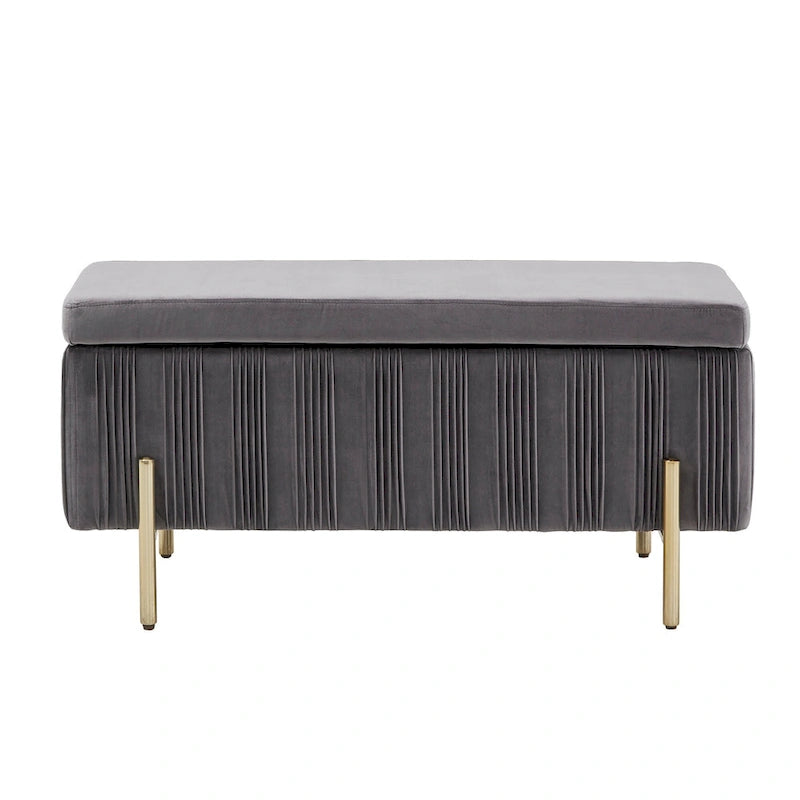 Grey Pleated Velvet Lift-Top Storage Bench