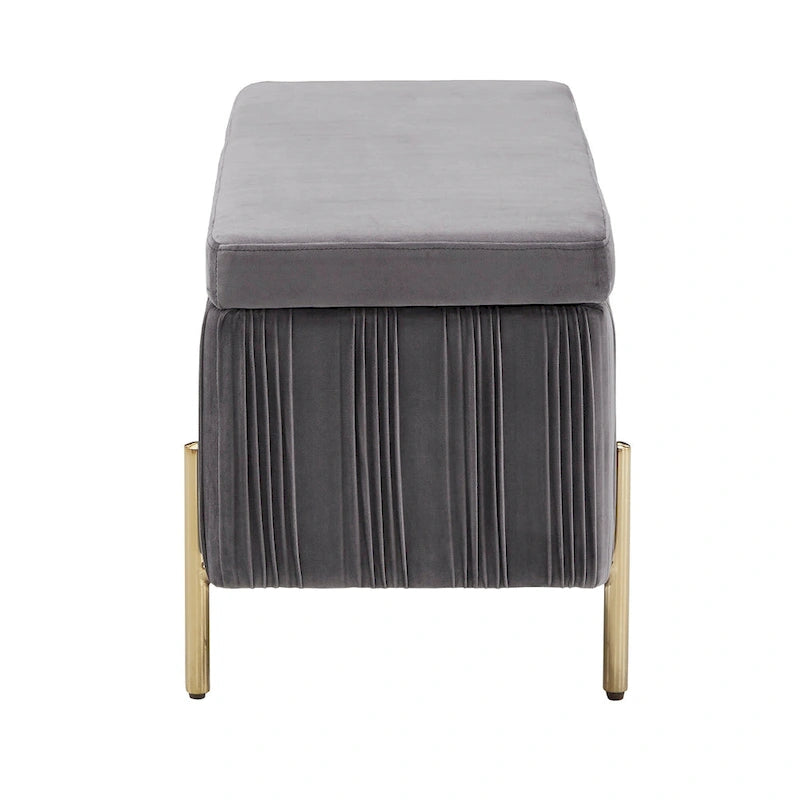 Grey Pleated Velvet Lift-Top Storage Bench