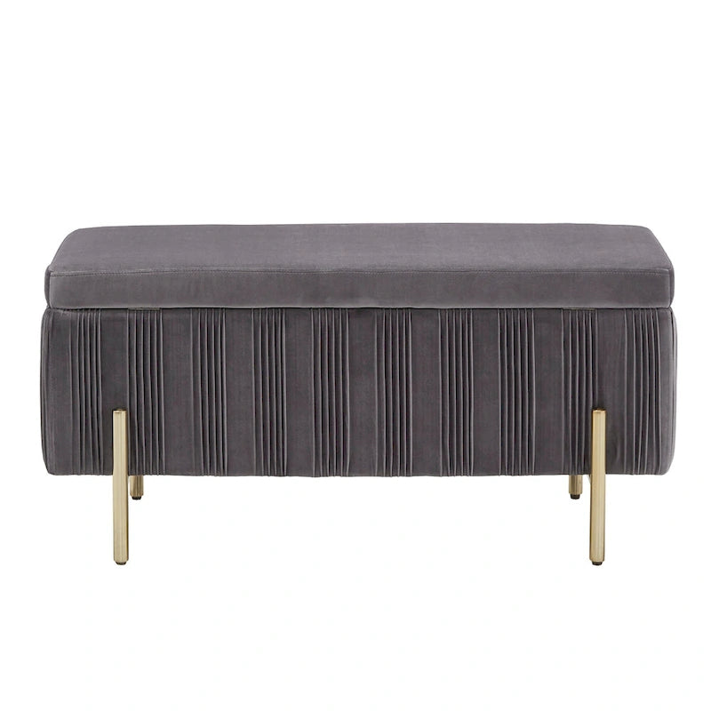 Grey Pleated Velvet Lift-Top Storage Bench