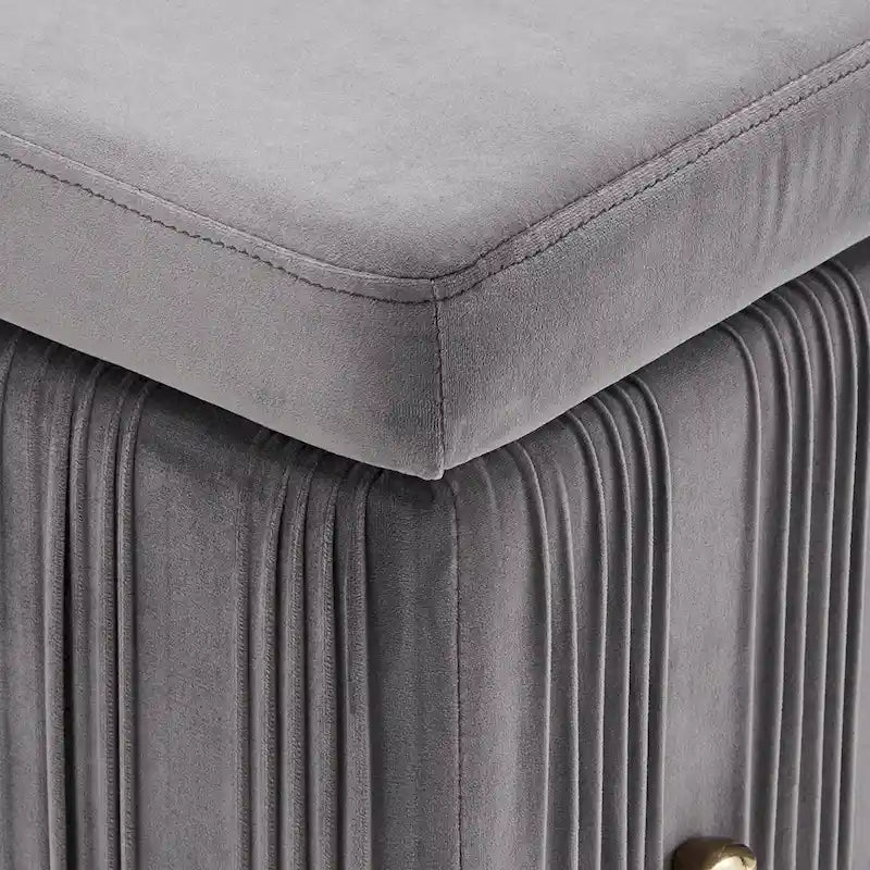 Grey Pleated Velvet Lift-Top Storage Bench
