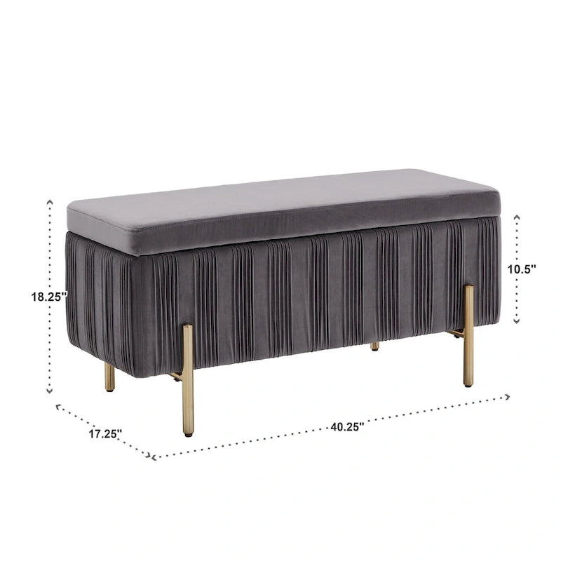 Grey Pleated Velvet Lift-Top Storage Bench