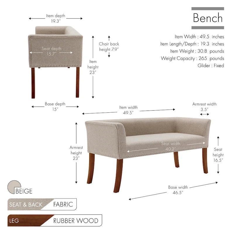 Banc d'appoint rembourré en tissu avec pieds en bois d'hévéa
