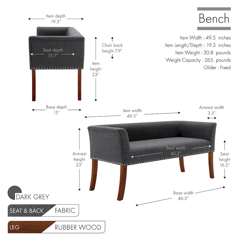Banc d'appoint rembourré en tissu avec pieds en bois d'hévéa