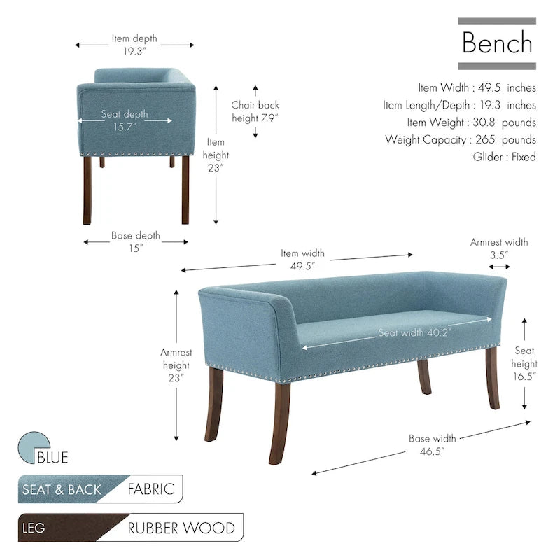 Banc d'appoint rembourré en tissu avec pieds en bois d'hévéa