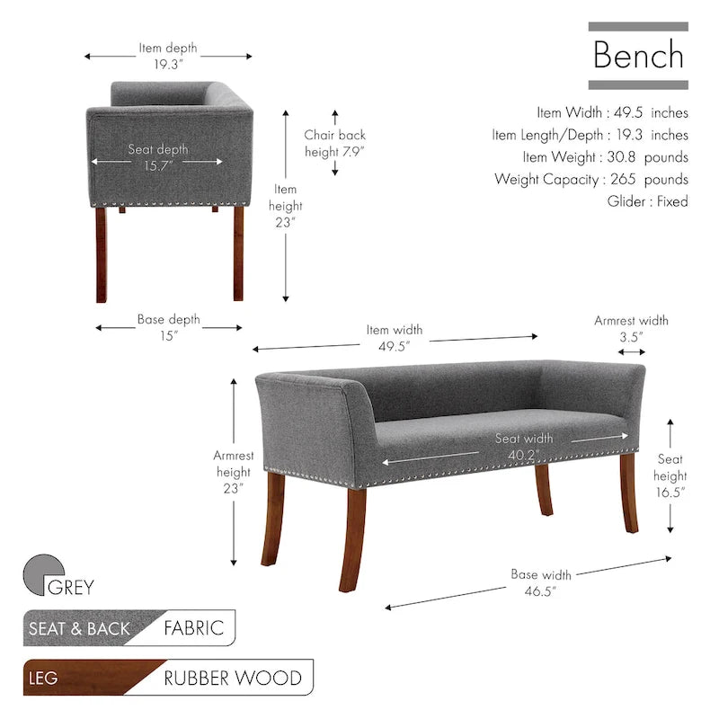Banc d'appoint rembourré en tissu avec pieds en bois d'hévéa