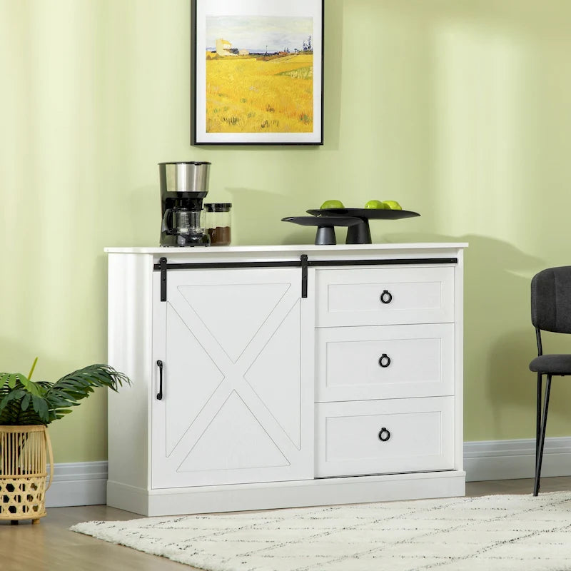 Farmhouse Coffee Bar Cabinet with Sliding Barn Door and 3 Storage Drawers