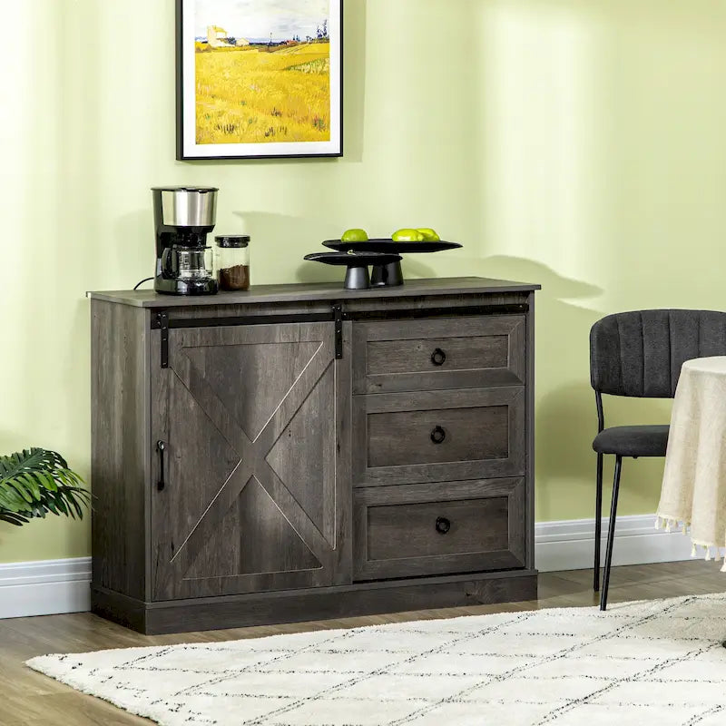 Farmhouse Coffee Bar Cabinet with Sliding Barn Door and 3 Storage Drawers