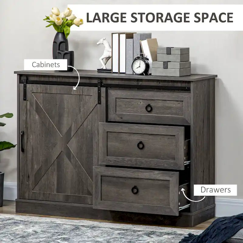 Farmhouse Coffee Bar Cabinet with Sliding Barn Door and 3 Storage Drawers