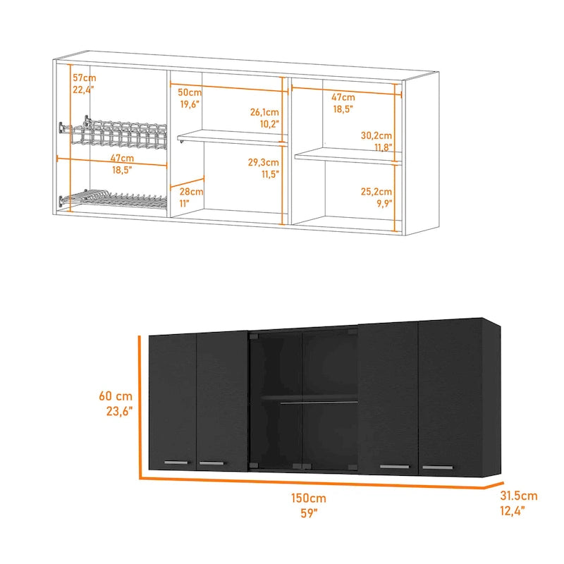 Meuble mural de 59" avec porte en verre et supports métalliques