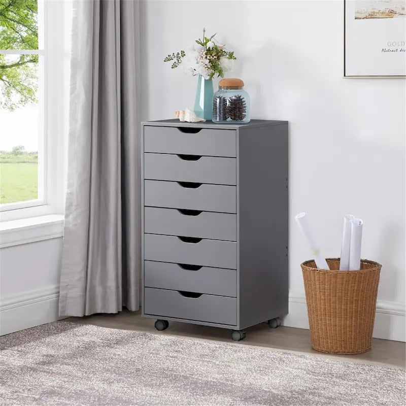 7-Drawer Wooden Office File Cabinet with Casters