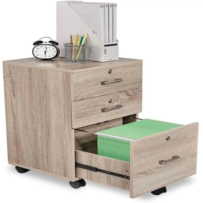 3-Drawer Rolling Wood File Cabinet with Lock