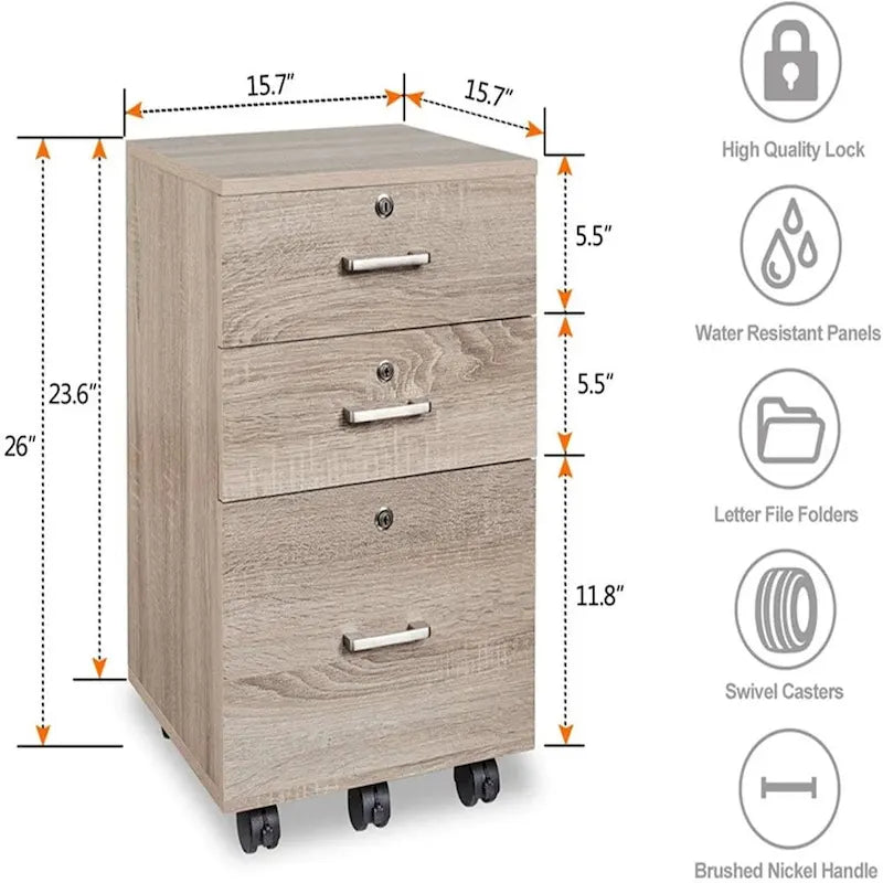 Rollbarer Aktencontainer aus Holz mit 3 Schubladen und Schloss