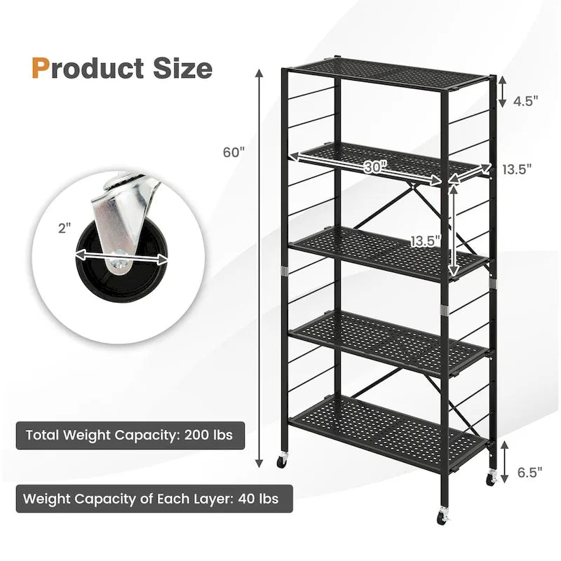 5-Tier Adjustable Shelves with Wheels for Garage, Kitchen & Balcony