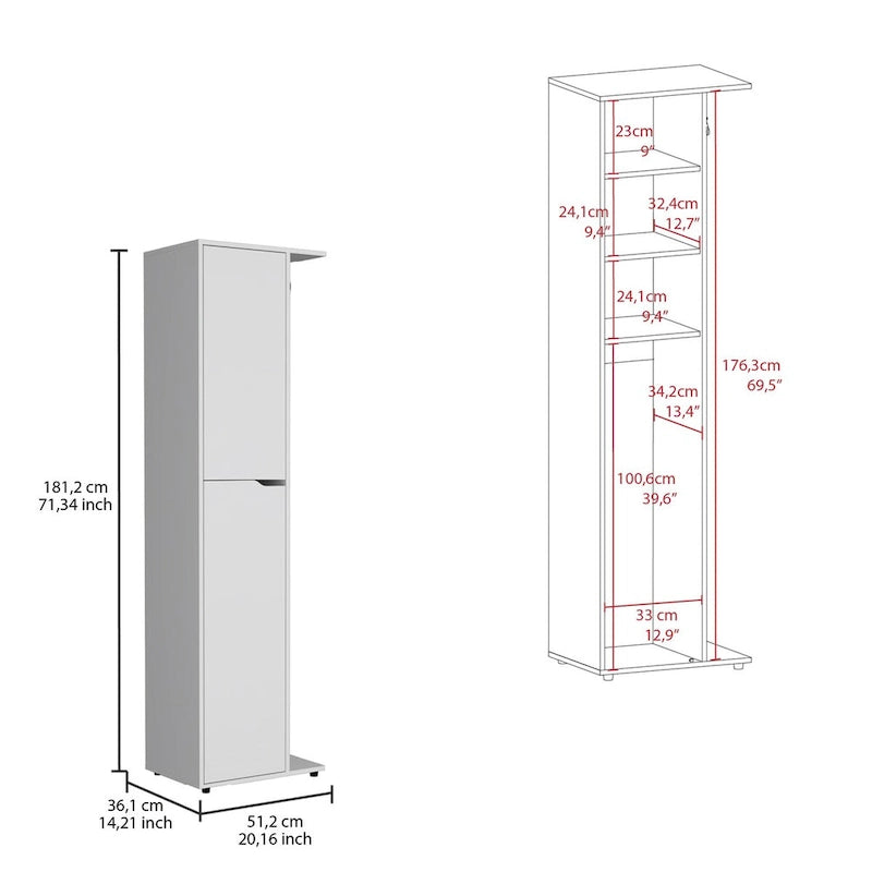70-Inch High One Door Four Shelves Broom Cabinet - White