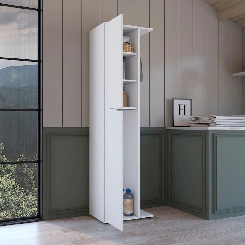 70-Inch High One Door Four Shelves Broom Cabinet - White