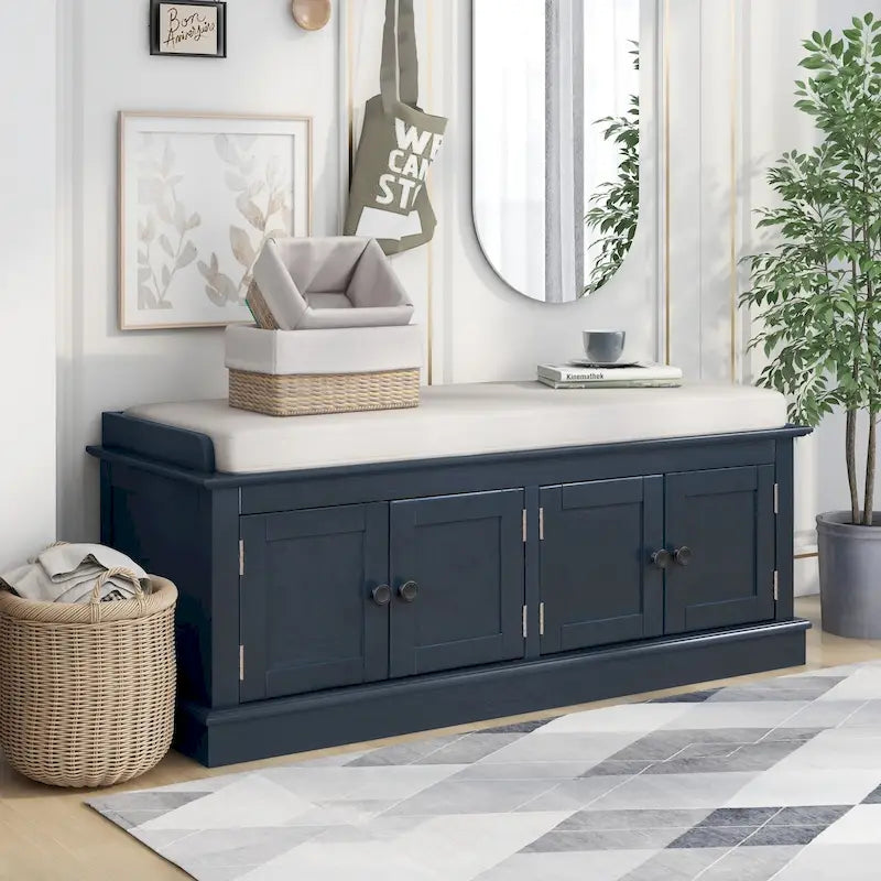 Storage Bench with 4 Doors and Adjustable Shelves, Shoe Bench with Removable Cushion for Entryway