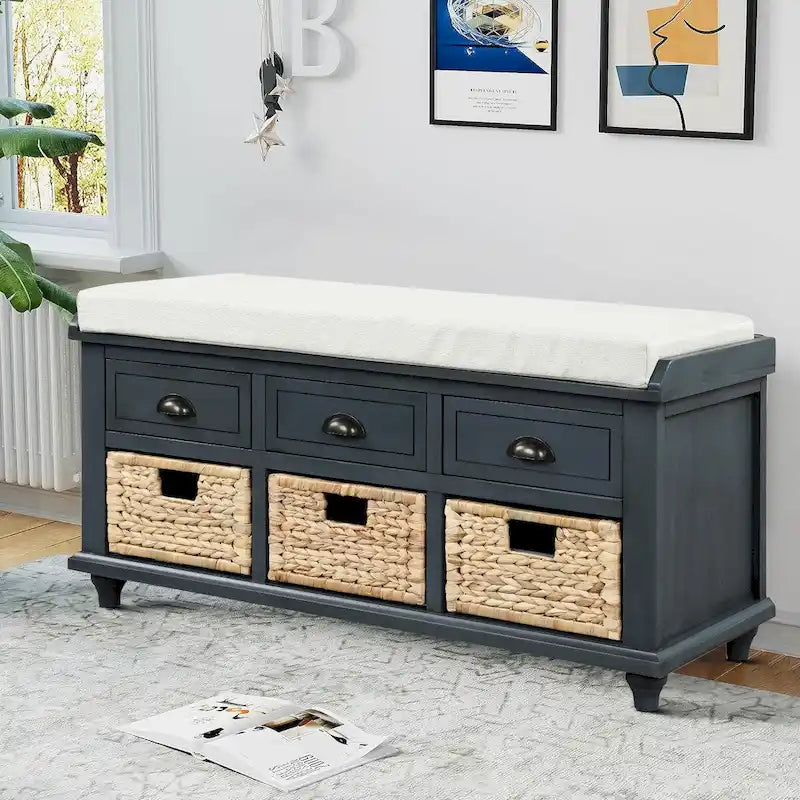 Farmhouse Style Storage Bench with Removable Seat Cushion