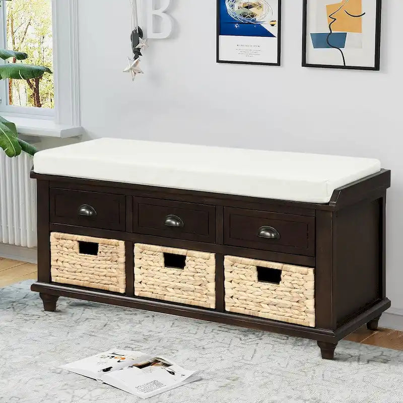 Farmhouse Style Storage Bench with Removable Seat Cushion