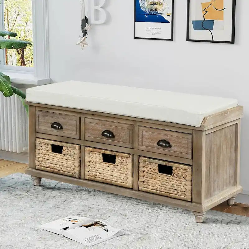 Farmhouse Style Storage Bench with Removable Seat Cushion