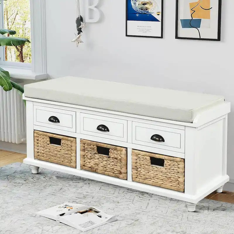 Farmhouse Style Storage Bench with Removable Seat Cushion