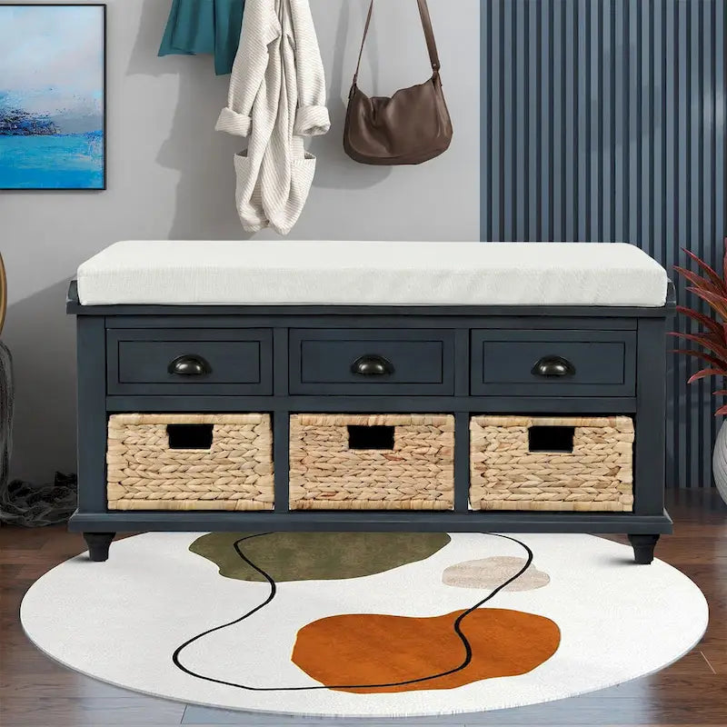 Farmhouse Style Storage Bench with Removable Seat Cushion