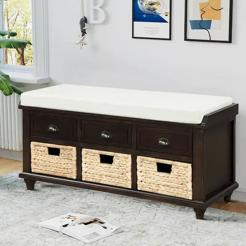 Farmhouse Style Storage Bench with Removable Seat Cushion